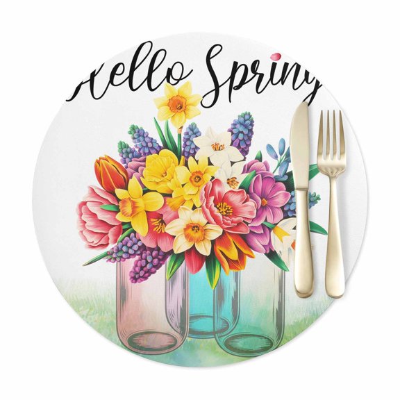 Round Placemats Set of 1, Hello Easter Spring Flowers Vase Butterfly Faux Leather Placemat Waterproof Oil-Proof Table Mats 15in, Colorful Plants Washable Place Mats for Kitchen Dining Table Party