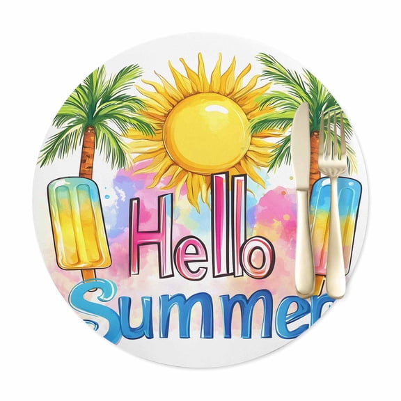 Round Placemats Set of 1, Hello Summer Text Sun Palm Tree Faux Leather Placemat Waterproof Oil-Proof Table Mats 12in, Colorful Ocean Seaside Theme Washable Place Mats for Kitchen Dining Table Party