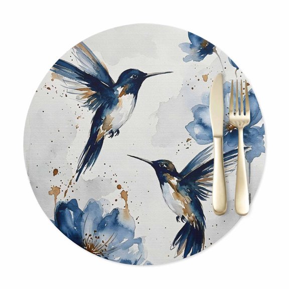 Round Placemats Set of 1, Hummingbird Bird Blue Flower Gradient Placemat Waterproof Wipeable Table Mats 12in, Abstract Gold Splatter Washable Place Mats for Kitchen Dining Table Party Outdoor