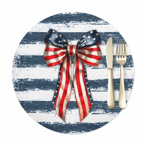 Round Placemats Set of 1, Independence Day USA Flag Bow Faux Leather Placemat Waterproof Oil-Proof Table Mats 12in, Retro Navy White Striped Washable Place Mats for Kitchen Dining Table Party