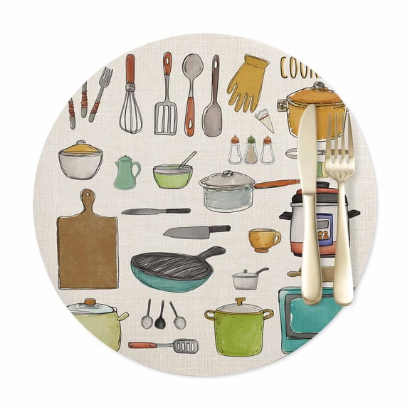 Round Placemats Set of 1, Kitchen Cooking Kitchenware Cartoon Style Faux Leather Placemat Waterproof Oil-Proof Wipeable Table Mats 12in, Retro Linen Washable Place Mats for Kitchen Dining Table Party