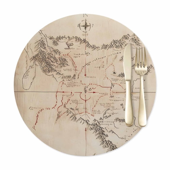 Round Placemats Set of 1, Middle Earth Map on Vintage Faux Leather Placemat Waterproof Oil-Proof Wipeable Table Mats 15in, Abstract Mountain Washable Place Mats for Kitchen Dining Table Party Outdoor