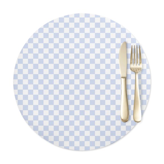 Round Placemats Set of 1, Minimalist Sky Blue Checkered Faux Leather Placemat Waterproof Wipeable Table Mats 12in, Modern Buffalo Plaid Washable Place Mats for Kitchen Dining Table Party Outdoor