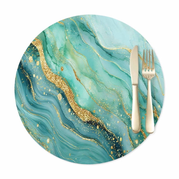 Round Placemats Set of 1, Modern Marble Texture Faux Leather Placemat Waterproof Oil-Proof Table Mats 12in, Abstract Turquoise Gold Stone Style Washable Place Mats for Kitchen Dining Table Party