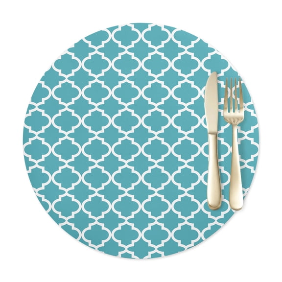 Round Placemats Set of 1, Moroccan Geometric Pattern Faux Leather Placemat Waterproof Oil-Proof Table Mats 12in, Abstract Turquoise Minimalist Art Washable Place Mats for Kitchen Dining Table Party