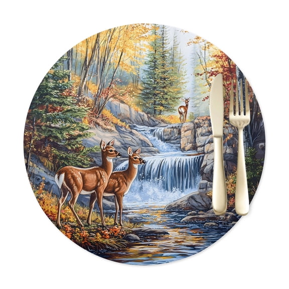 Round Placemats Set of 1, Natural Wild Deer Stream Forest Faux Leather Placemat Waterproof Oil-Proof Wipeable Table Mats 12in, Country Field Scenery Washable Place Mats for Kitchen Dining Table Party