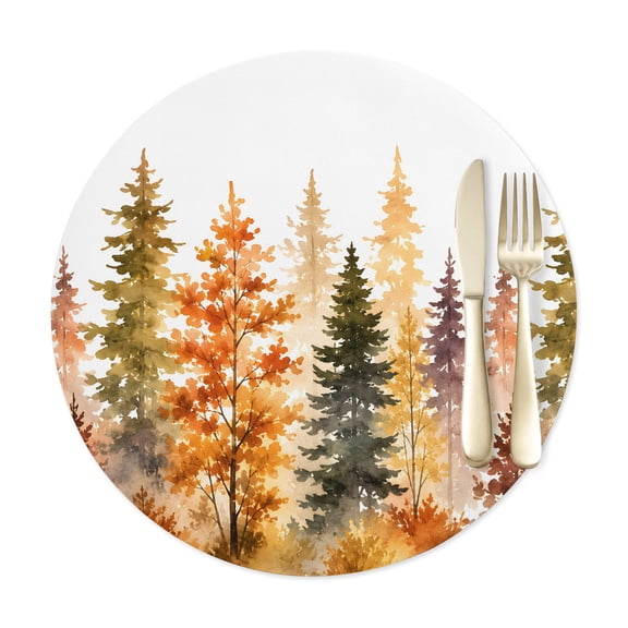 Round Placemats Set of 1, Nature Watercolor Autumn Forest Placemat Waterproof Oil-Proof Table Mats 12in, Rustic Fall Pine Trees Scene Washable Place Mats for Kitchen Dining Table Party Outdoor