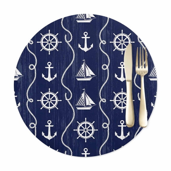 Round Placemats Set of 1, Nautical Anchor Sailboat Faux Leather Placemat Waterproof Oil-Proof Wipeable Table Mats 12in, Deep Navy Blue Background Washable Place Mats for Kitchen Dining Table Party