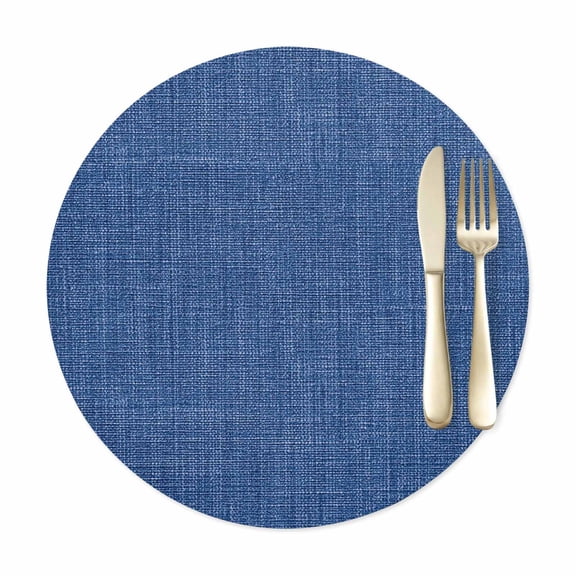 Round Placemats Set of 1, Navy Blue Retro Linen Faux Leather Placemat Waterproof Oil-Proof Wipeable Table Mats 15in, Modern Minimalist Style Washable Place Mats for Kitchen Dining Table Party Outdoor