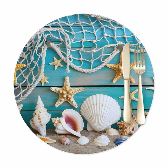 Round Placemats Set of 1, Ocean Beach Starfish Conch Fishing Net Faux Leather Placemat Waterproof Oil-Proof Table Mats 12in, Blue Wood Board Washable Place Mats for Kitchen Dining Table Party