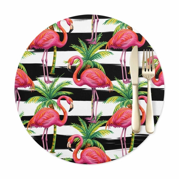 Round Placemats Set of 1, Pink Flamingo Tropical Coconut Tree Faux Leather Placemat Waterproof Oil-Proof Table Mats 12in, Black and White Stripe Washable Place Mats for Kitchen Dining Table Party