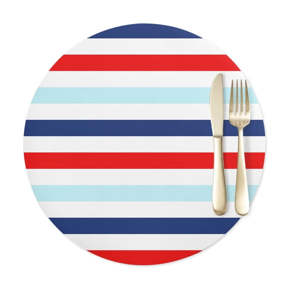 Round Placemats Set of 1, Red Navy Blue Stripes Faux Leather Placemat Waterproof Oil-Proof Wipeable Table Mats 12in, Minimalist Style Washable Place Mats for Kitchen Dining Table Party Outdoor