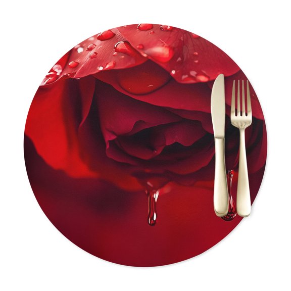 Round Placemats Set of 1, Red Rose Flower Water Droplets Faux Leather Placemat Waterproof Oil-Proof Table Mats 12in, Blossom Floral Close-up Art Washable Place Mats for Kitchen Dining Table Party