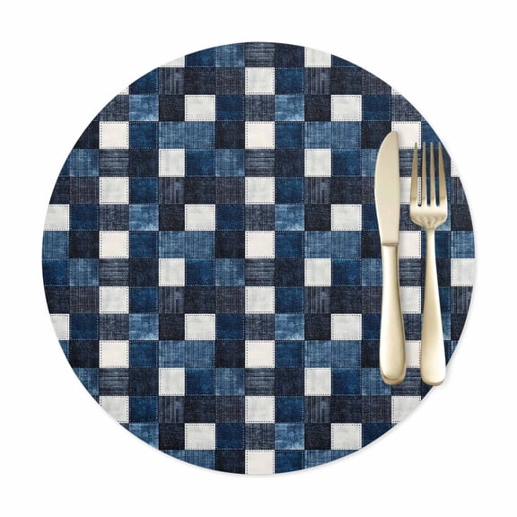 Round Placemats Set of 1, Retro Blue Black Buffalo Check Faux Leather Placemat Waterproof Oil-Proof Table Mats 12in, Checkered Plaid Seamless Washable Place Mats for Kitchen Dining Table Party