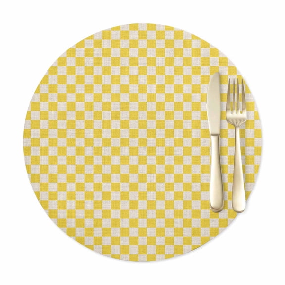 Round Placemats Set of 1, Retro Farm Beige Yellow Check Faux Leather Placemat Waterproof Oil-Proof Wipeable Table Mats 12in, Rural Pastoral Buffalo Washable Place Mats for Kitchen Dining Table Party