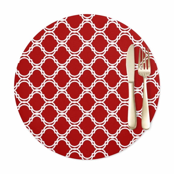 Round Placemats Set of 1, Retro Moroccan Red Geometric Faux Leather Placemat Waterproof Oil-Proof Table Mats 15in, Abstract Watercolor Stripe Washable Place Mats for Kitchen Dining Table Party