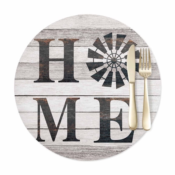 Round Placemats Set of 1, Rustic Farm Windmill HOME Quotes Faux Leather Placemat Waterproof Oil-Proof Wipeable Table Mats 12in, Chic Wooden Plank Washable Place Mats for Kitchen Dining Table Party