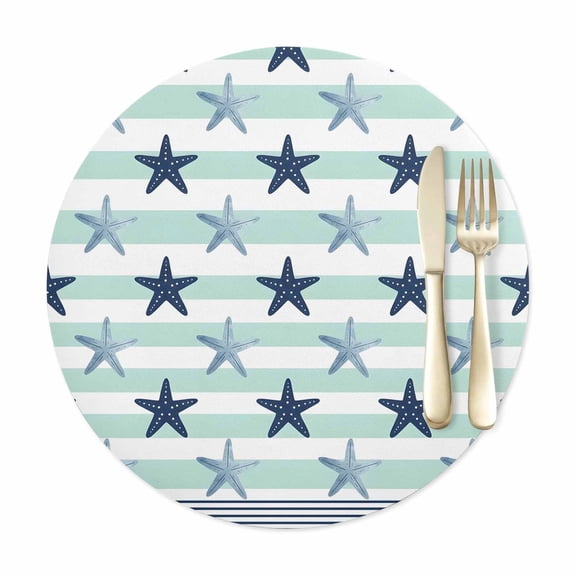 Round Placemats Set of 1, Sea Navy Blue Starfish Faux Leather Placemat Waterproof Oil-Proof Wipeable Table Mats 12in, Green White Striped Background Washable Place Mats for Kitchen Dining Table Party
