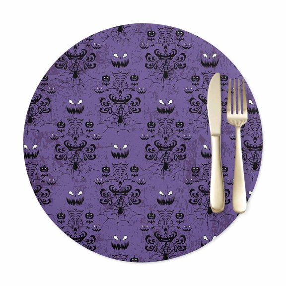 Round Placemats Set of 1, Spooky Halloween Haunted Ghost Cobweb Faux Leather Placemat Waterproof Oil-Proof Wipeable Table Mats 12in, Black Purple Washable Place Mats for Kitchen Dining Table Party