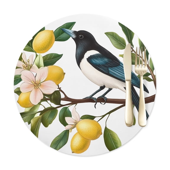 Round Placemats Set of 1, Summer Lemon Flower Magpie Faux Leather Placemat Waterproof Oil-Proof Wipeable Table Mats 12in, Watercolor Bird in Branch Washable Place Mats for Kitchen Dining Table Party