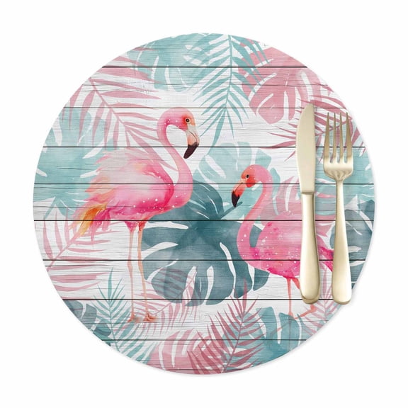 Round Placemats Set of 1, Summer Pink Flamingo Wood Plank Faux Leather Placemat Waterproof Oil-Proof Wipeable Table Mats 12in, Colorful Palm Leaves Washable Place Mats for Kitchen Dining Table Party