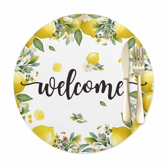 Round Placemats Set of 1, Summer Yellow Lemon Welcome Quote Faux Leather Placemat Waterproof Oil-Proof Table Mats 12in, Farmhouse Wild Flower Washable Place Mats for Kitchen Dining Table Party