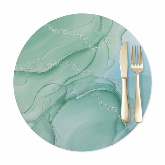 Round Placemats Set of 1, Teal Abstract Marble Texture Faux Leather Placemat Waterproof Oil-Proof Wipeable Table Mats 15in, Nature Stone Agate Washable Place Mats for Kitchen Dining Table Party