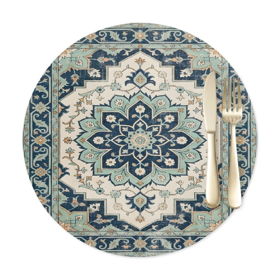 Round Placemats Set of 1, Traditional Turkish Floral Faux Leather Placemat Waterproof Wipeable Table Mats 12in, Vintage Mint Green Geometric Washable Place Mats for Kitchen Dining Table Party Outdoor