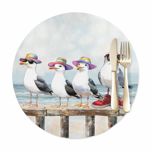 Round Placemats Set of 1, Watercolor Funny Seagull Bird Faux Leather Placemat Waterproof Oil-Proof Wipeable Table Mats 12in, Ocean Beach Coast Scene Washable Place Mats for Kitchen Dining Table Party