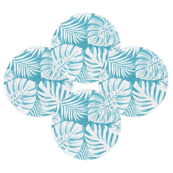 Round Placemats Set of 4 Aqua Palm Leaves Place Mats Washable Woven Placemat Jungle Leaf Monstera Plant Circle Braided Table Mat for Kitchen Dining Table Party Home Decor 15 Inch