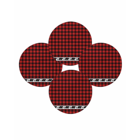 Round Placemats Set of 4 Bear Footprints Red Buffalo Plaid Place Mats Washable Woven Placemat Forest Animals Circle Braided Table Mat for Kitchen Dining Table Party Home Decor 15 Inch