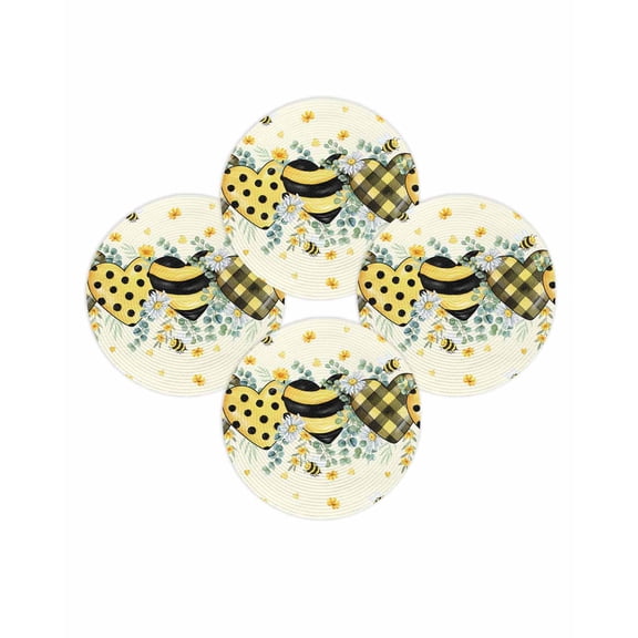 Round Placemats Set of 4 Bee Love Heart Place Mats Washable Woven Placemat Daisy Flower Eucalyptus Leaves Circle Braided Table Mat for Kitchen Dining Table Party Home Decor 15 Inch