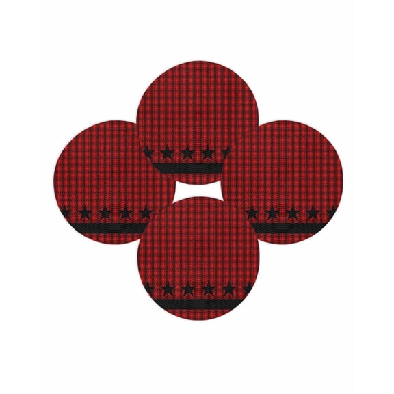 Round Placemats Set of 4 Black Stars Buffalo Plaid Place Mats Washable Woven Placemat Red Checkered Circle Braided Table Mat for Kitchen Dining Table Party Home Decor 15 Inch