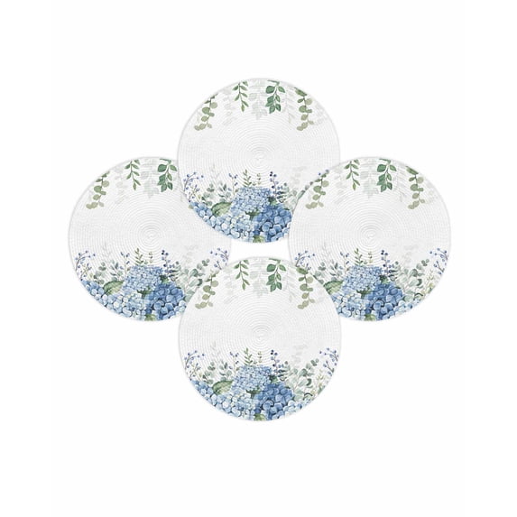Round Placemats Set of 4 Blue Hydrangea Place Mats Washable Woven Placemat Green Eucalyptus Leaves Flowers Circle Braided Table Mat for Kitchen Dining Table Party Home Decor 15 Inch
