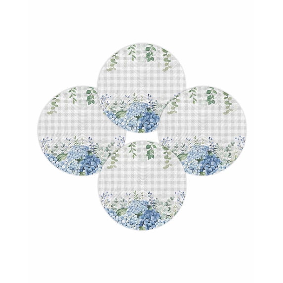 Round Placemats Set of 4 Blue Hydrangea Place Mats Washable Woven Placemat Green Eucalyptus Leaves Grey Plaid Circle Braided Table Mat for Kitchen Dining Table Party Home Decor 15 Inch