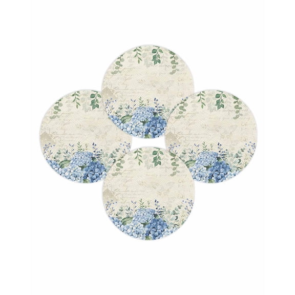 Round Placemats Set of 4 Blue Hydrangea Place Mats Washable Woven Placemat Green Eucalyptus Leaves Vintage Circle Braided Table Mat for Kitchen Dining Table Party Home Decor 15 Inch