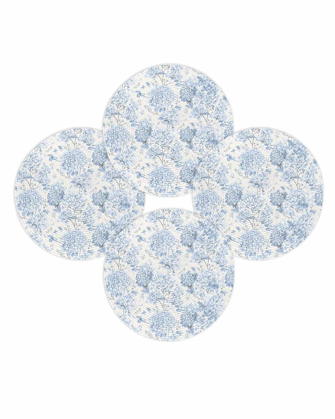Round Placemats Set of 4 Blue Hydrangea Place Mats Washable Woven Placemat Spring Flower Leaf Circle Braided Table Mat for Kitchen Dining Table Party Home Decor 15 Inch