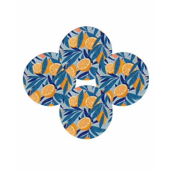 Round Placemats Set of 4 Blue Lemon Place Mats Washable Woven Placemat Fruit Leaves Plant Circle Braided Table Mat for Kitchen Dining Table Party Home Decor 15 Inch