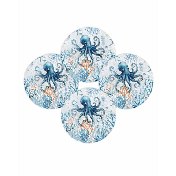 Round Placemats Set of 4 Blue Octopus Place Mats Washable Woven Placemat Ocean Coral Starfish Circle Braided Table Mat for Kitchen Dining Table Party Home Decor 15 Inch