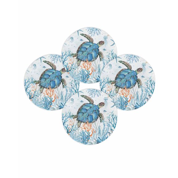 Round Placemats Set of 4 Blue Sea Turtle Place Mats Washable Woven Placemat Ocean Coral Starfish Circle Braided Table Mat for Kitchen Dining Table Party Home Decor 15 Inch