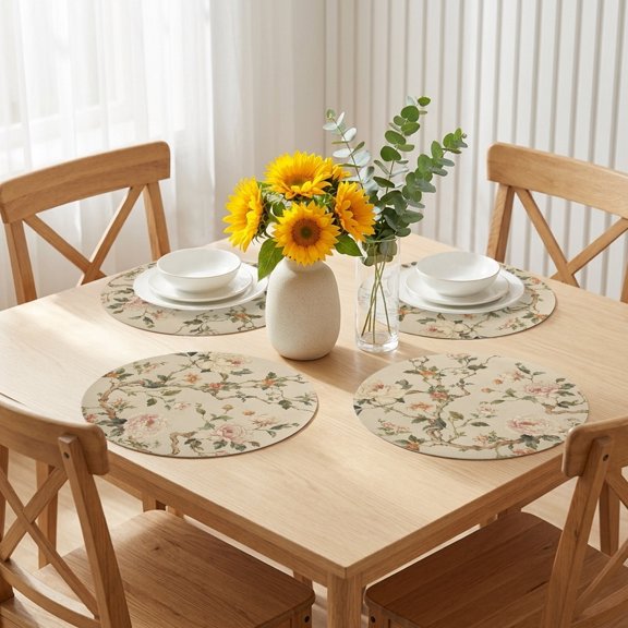Round Placemats Set of 4, Chinese Style Peony Placemat Waterproof Oil-Proof Wipeable Table Mats 12in, Rustic Flowers on Retro Linen Washable Place Mats for Kitchen Dining Table Party Outdoor