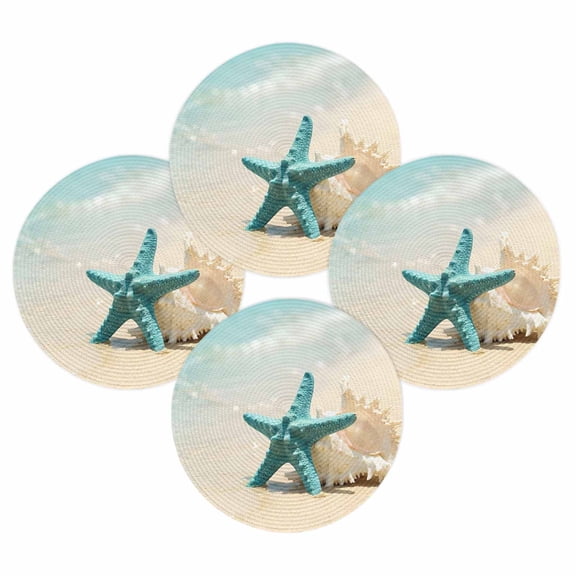 Round Placemats Set of 4 Coastal Starfish Shells Place Mats Washable Woven Placemat Summer Beach Circle Braided Table Mat for Kitchen Dining Table Party Home Decor 15 Inch