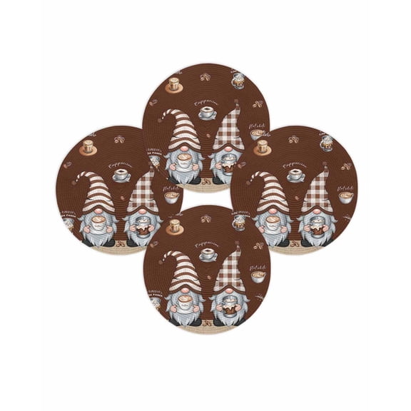 Round Placemats Set of 4 Coffee Cup Gnome Place Mats Washable Woven Placemat Coffee Beans Brown Circle Braided Table Mat for Kitchen Dining Table Party Home Decor 15 Inch