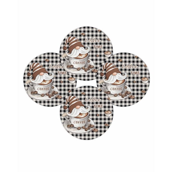 Round Placemats Set of 4 Coffee Time Gnome Place Mats Washable Woven Placemat Black Buffalo Check Plaid Circle Braided Table Mat for Kitchen Dining Table Party Home Decor 15 Inch