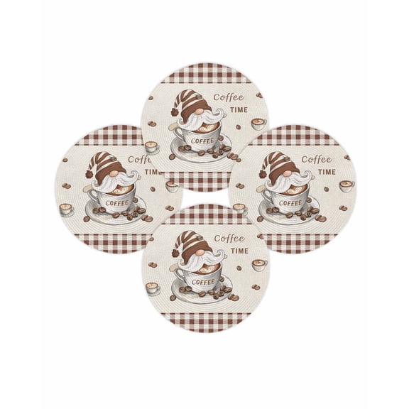 Round Placemats Set of 4 Coffee Time Gnome Place Mats Washable Woven Placemat Coffee Beans Brown Plaid Circle Braided Table Mat for Kitchen Dining Table Party Home Decor 15 Inch