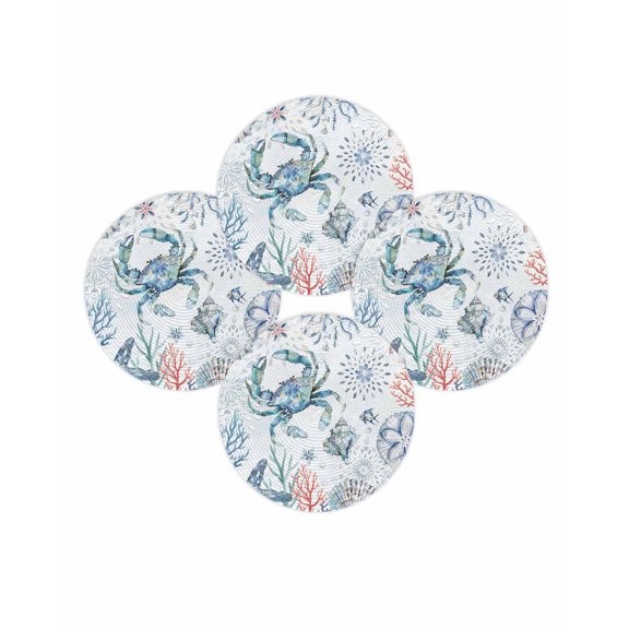 Round Placemats Set of 4 Crab Place Mats Washable Woven Placemat Shell Coral Fish Marine Life Circle Braided Table Mat for Kitchen Dining Table Party Home Decor 15 Inch