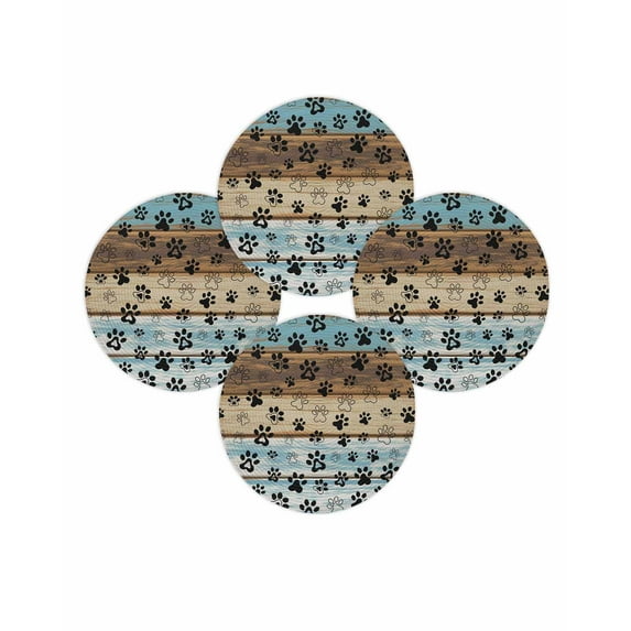 Round Placemats Set of 4 Dog Claw Paw Print Place Mats Washable Woven Placemat Pet Blue Brown Wood Grain Circle Braided Table Mat for Kitchen Dining Table Party Home Decor 15 Inch