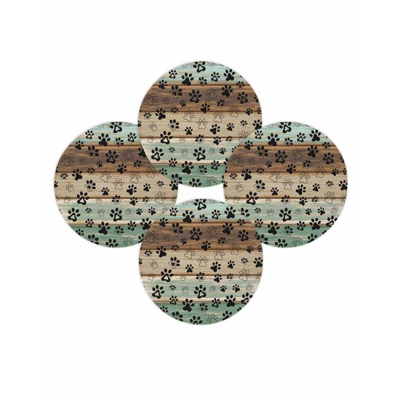 Round Placemats Set of 4 Dog Claw Paw Print Place Mats Washable Woven Placemat Pet Green Brown Wood Grain Circle Braided Table Mat for Kitchen Dining Table Party Home Decor 15 Inch