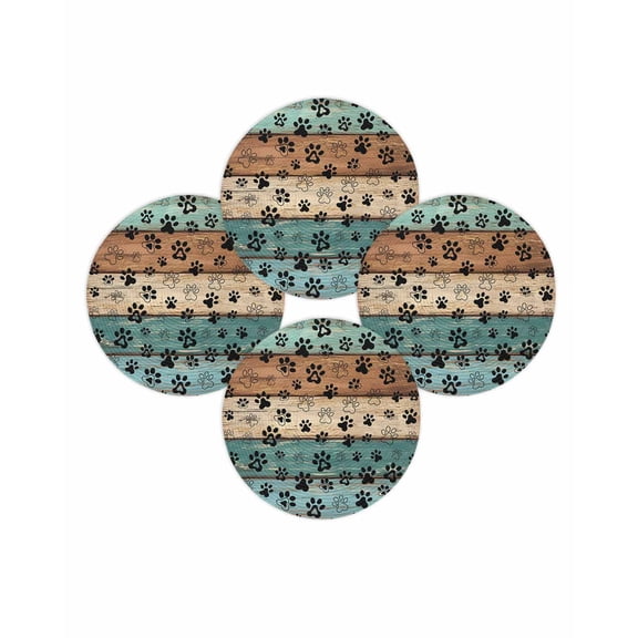 Round Placemats Set of 4 Dog Paw Place Mats Washable Woven Placemat Pets Print Teal Brown Wood Grain Circle Braided Table Mat for Kitchen Dining Table Party Home Decor 15 Inch
