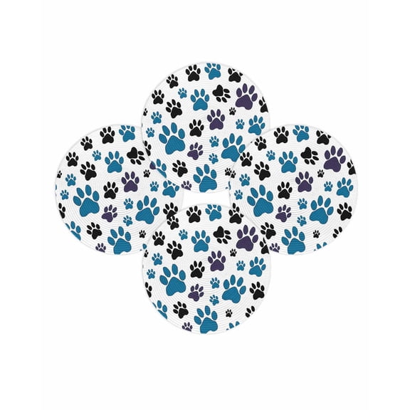 Round Placemats Set of 4 Dog Paw Print Place Mats Washable Woven Placemat Black Blue White Animal Pattern Circle Braided Table Mat for Kitchen Dining Table Party Home Decor 15 Inch